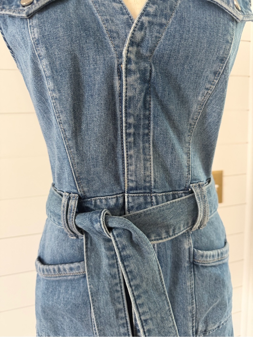PAIGE Light Blue Denim Sleeveless Tie-Waist Mini Dress - Picture 6 of 15